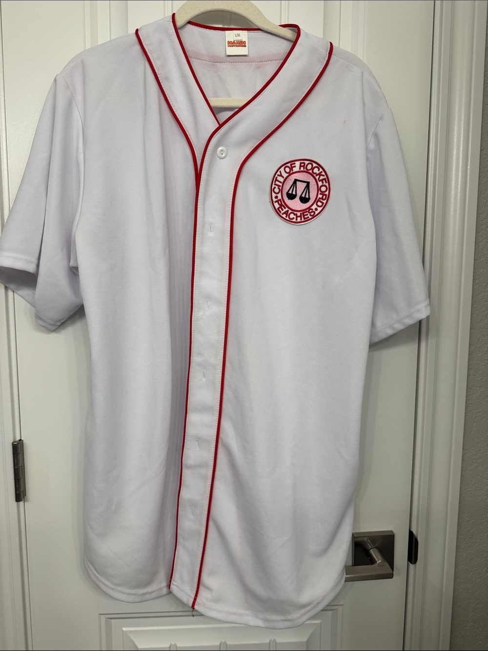Amazon White Baseball Jersey with Red Trim and City of Rockford Peaches Patch